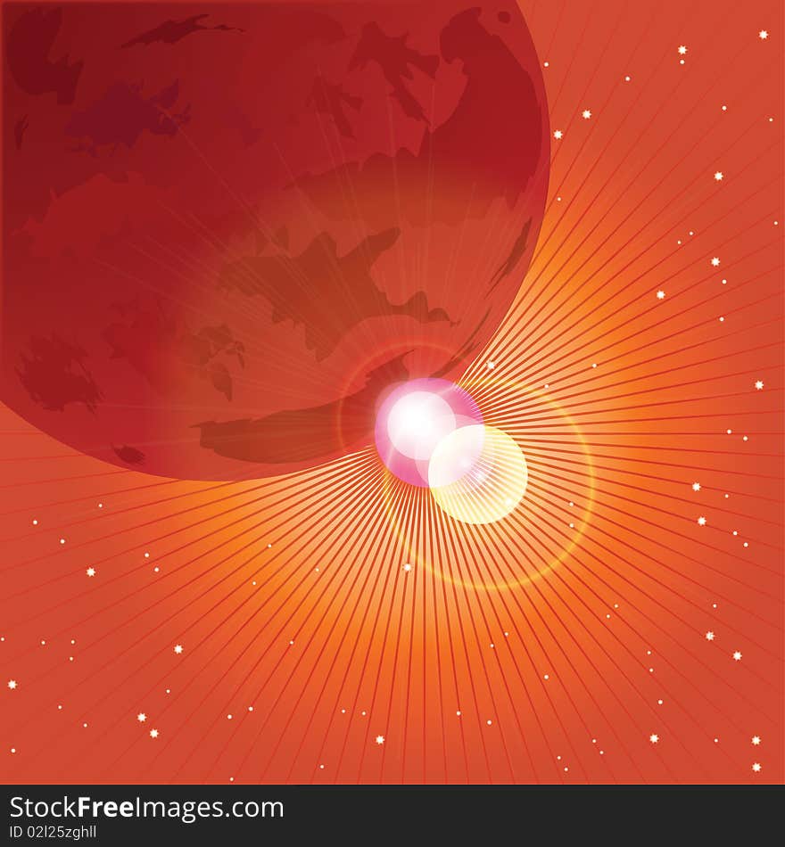 Red planet in space against the leaving sun