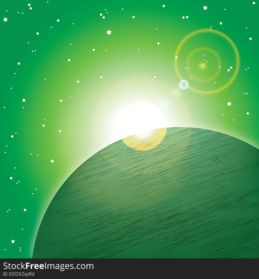 Green planet in space against the leaving sun