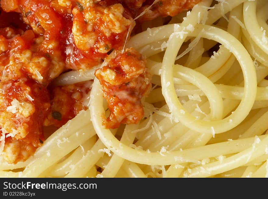 Spaghetti a la Bolognese extreme closeup macro shot background