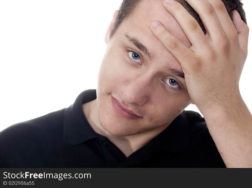 Young man thinking isolate white background