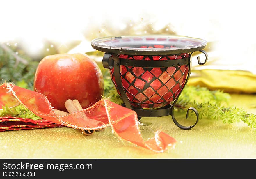 Christmas background - Christmas branch with candle and apple