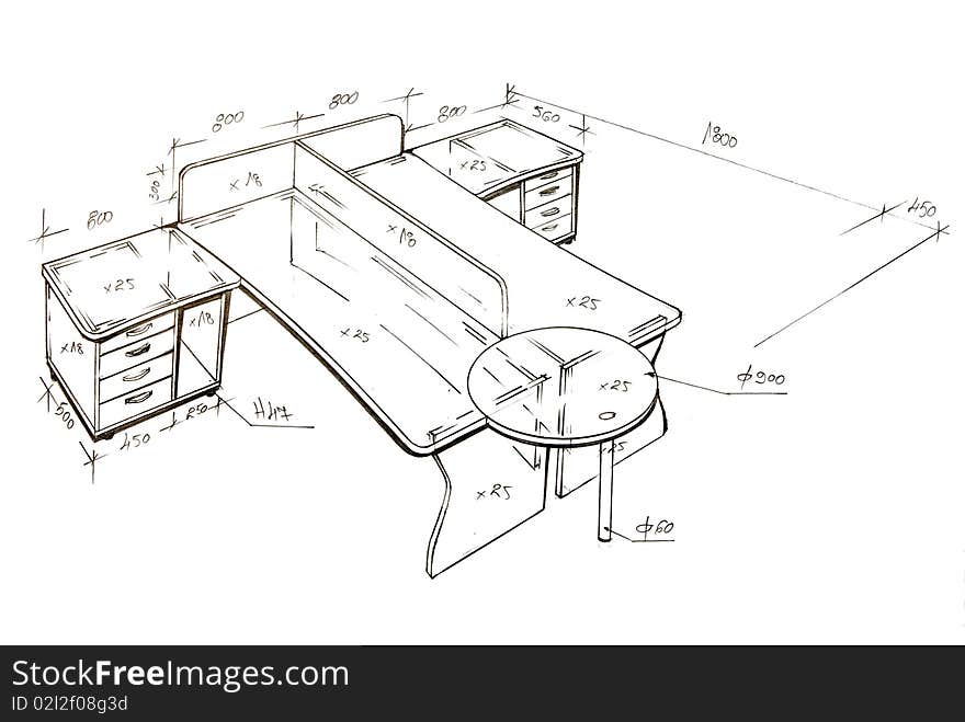 Modern Interior Design Freehand Drawing.