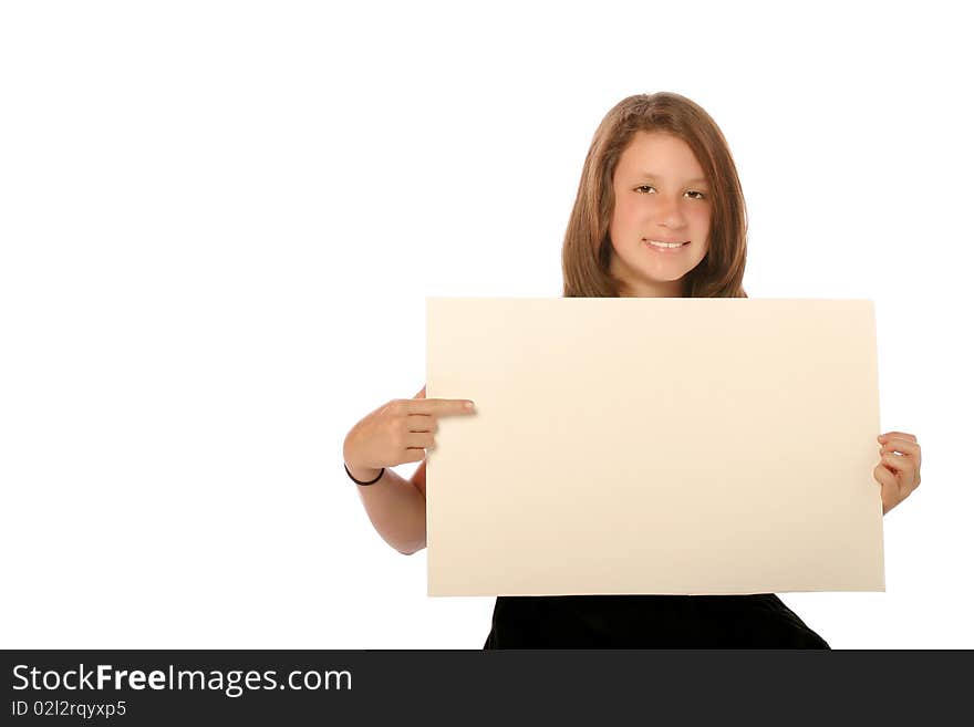 Young teen girl holding a blank board on an isolated background. Young teen girl holding a blank board on an isolated background