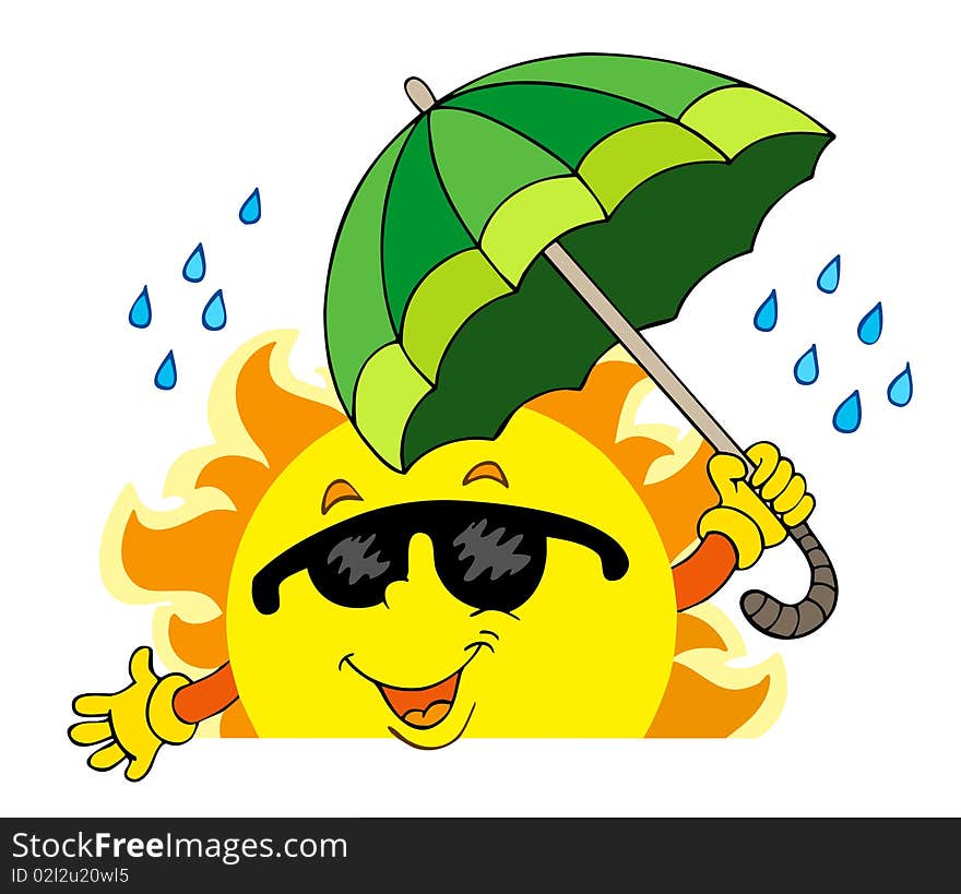 Lurking Sun with big umbrella - illustration.