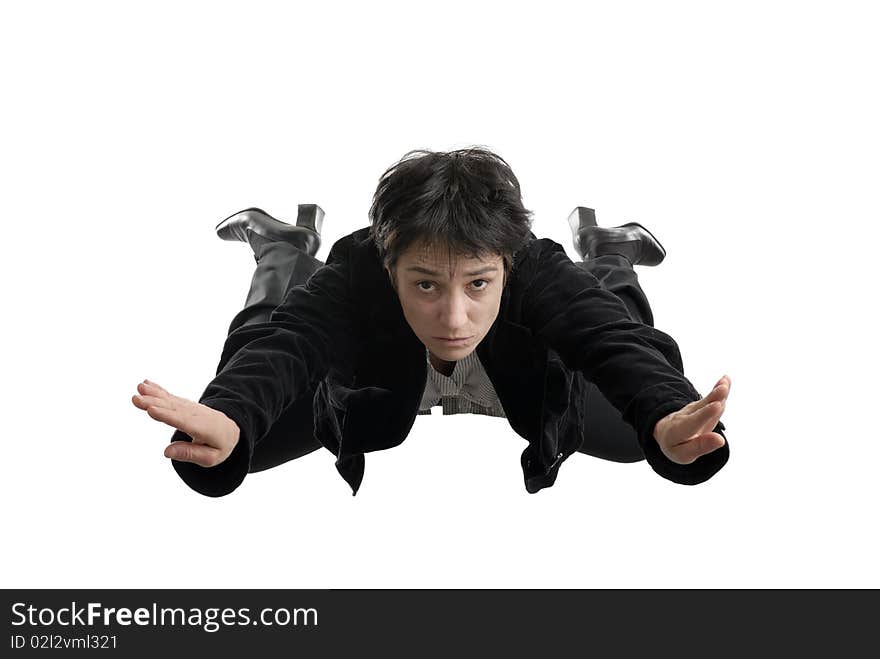 Business concept - business woman falling down in free style without a parachute