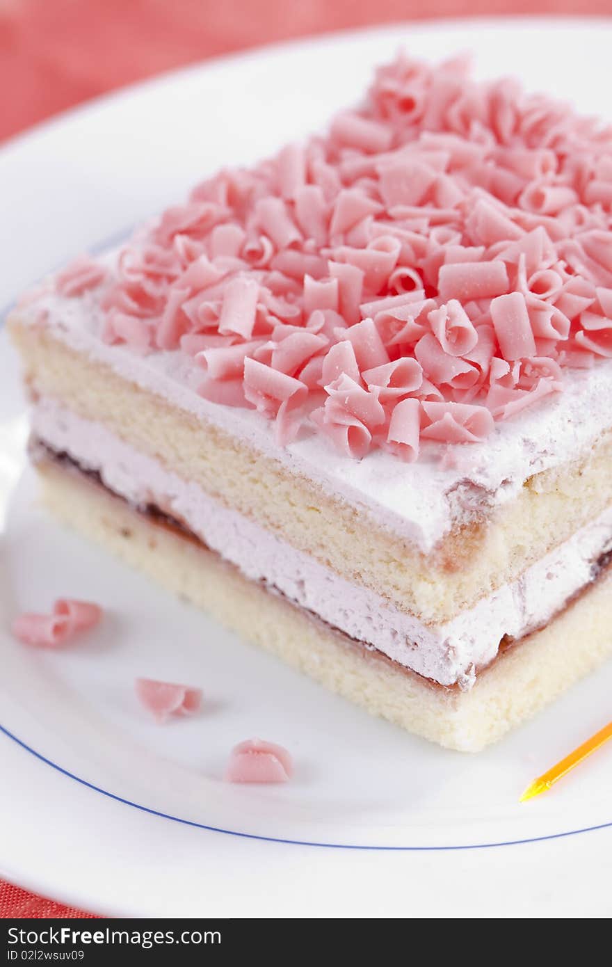 Close up of freshly made cake on white plate