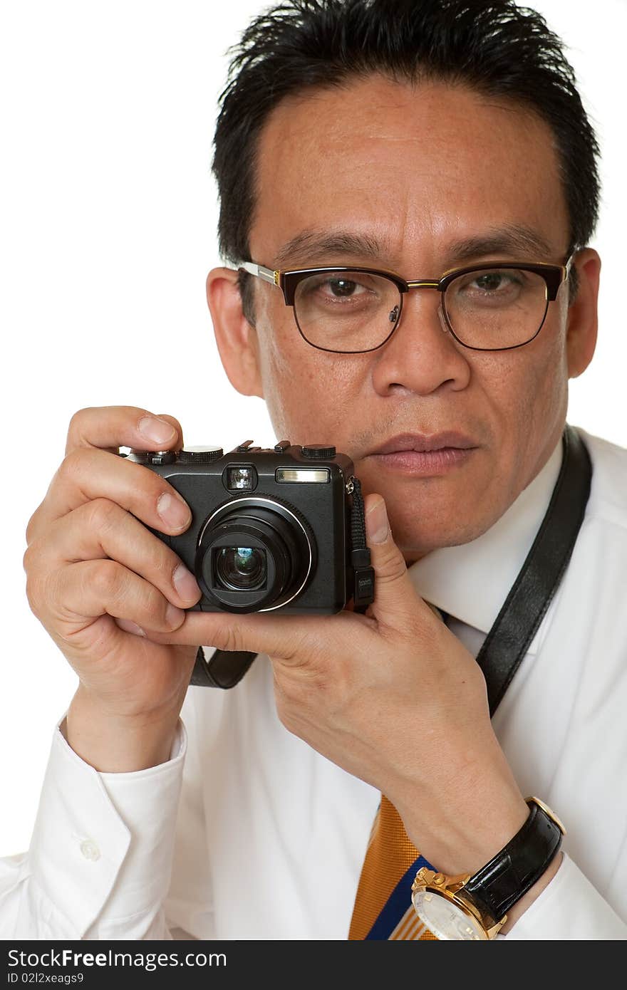 Japanese while taking photos, portrait with digital Camera before white background