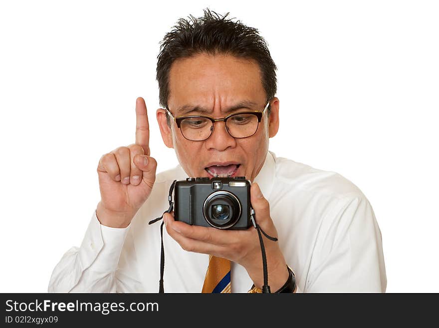 Japanese while taking photos, portrait with digital Camera before white background