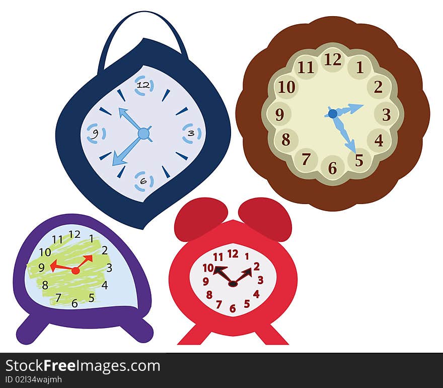 Four different style clocks on the wall. Four different style clocks on the wall