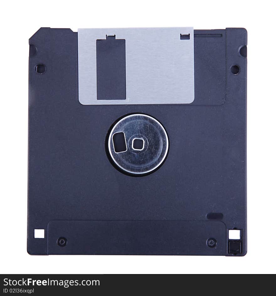 Black and old computer diskette over white background. Old technology