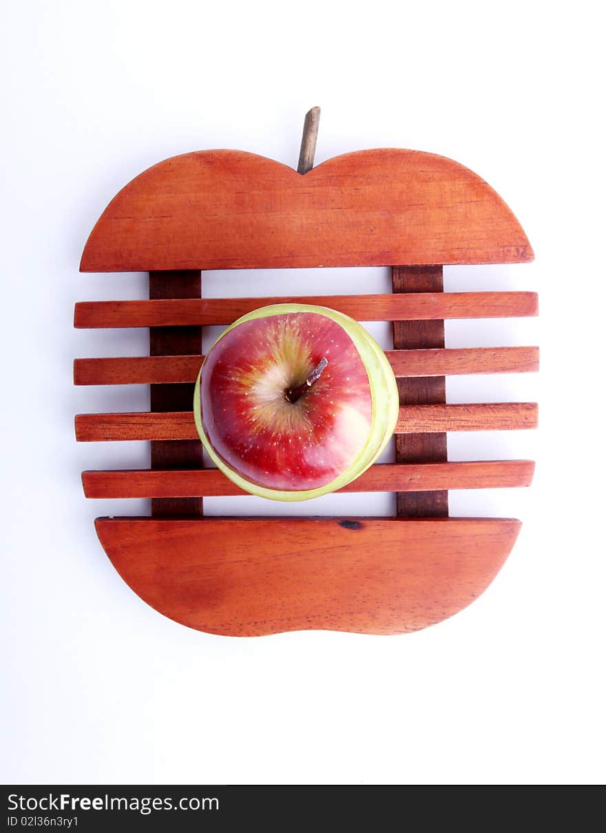 High view of apple on wooden apple tray