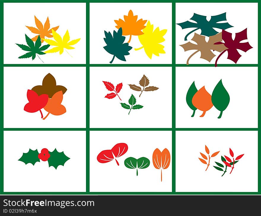 Icons representing leaves of different colors isolated on a white background. Icons representing leaves of different colors isolated on a white background