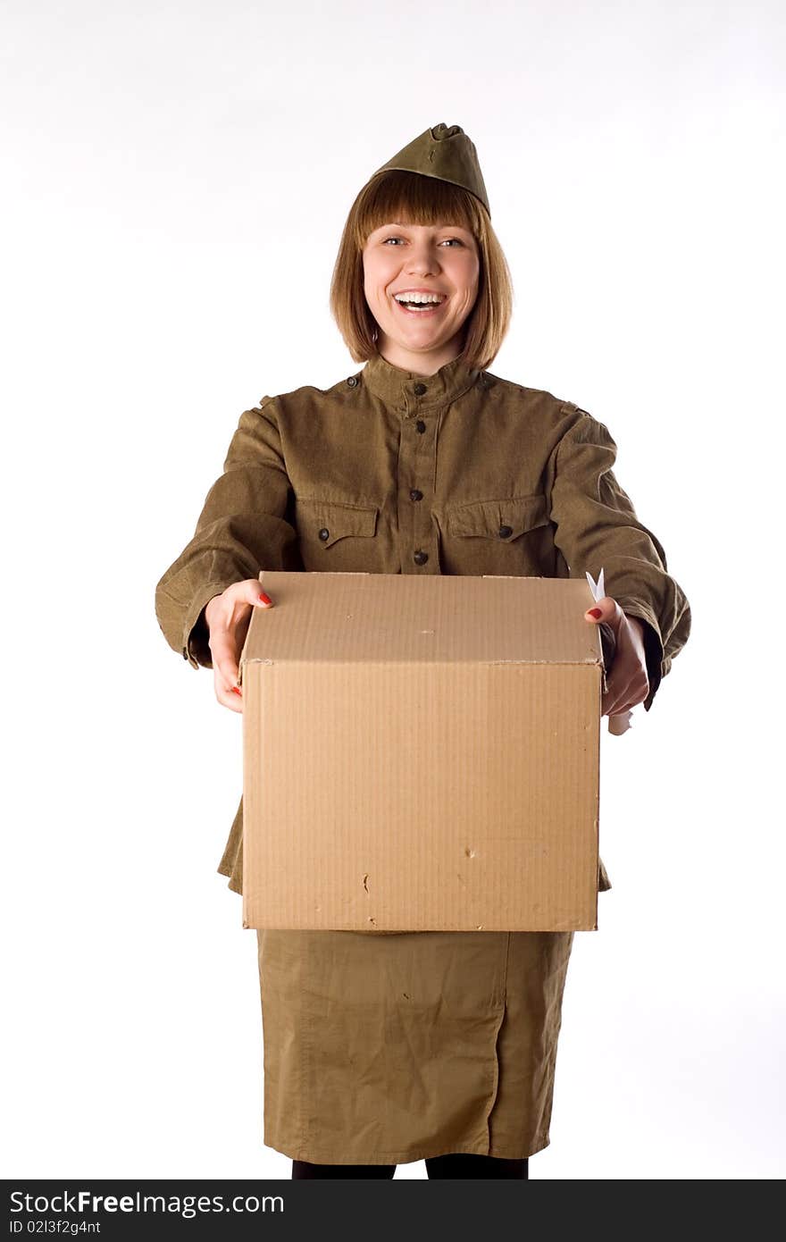 Studio portrait of a soldier with mail box