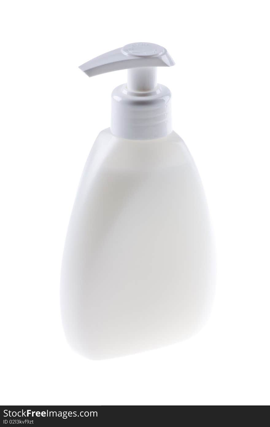 Photo of an empty soap bottle on white