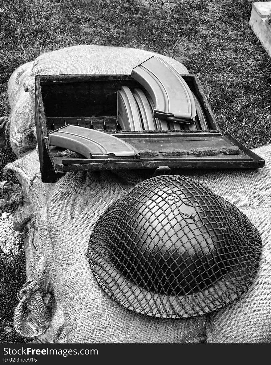 French helmet with ammunition of Second World War. French helmet with ammunition of Second World War