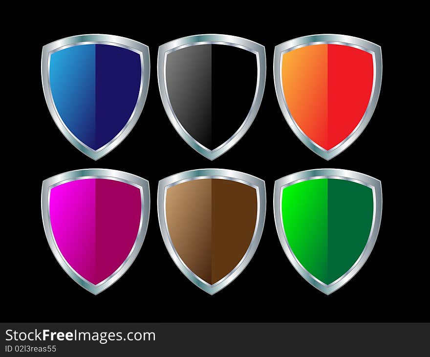 Steel shields in different colors on black background