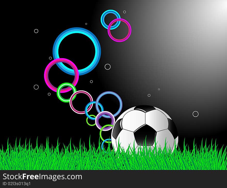 Vector illustration football ball on the grass with lights.