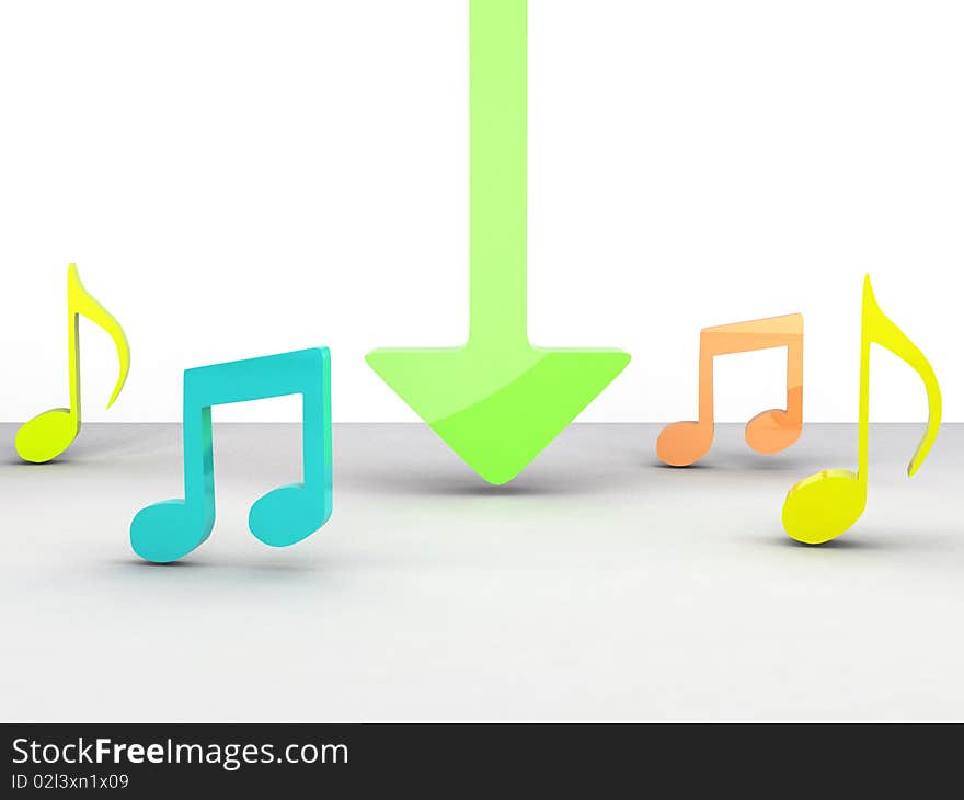 Arrow surrounded by music icons symbolizing for music downloads and entertainment.