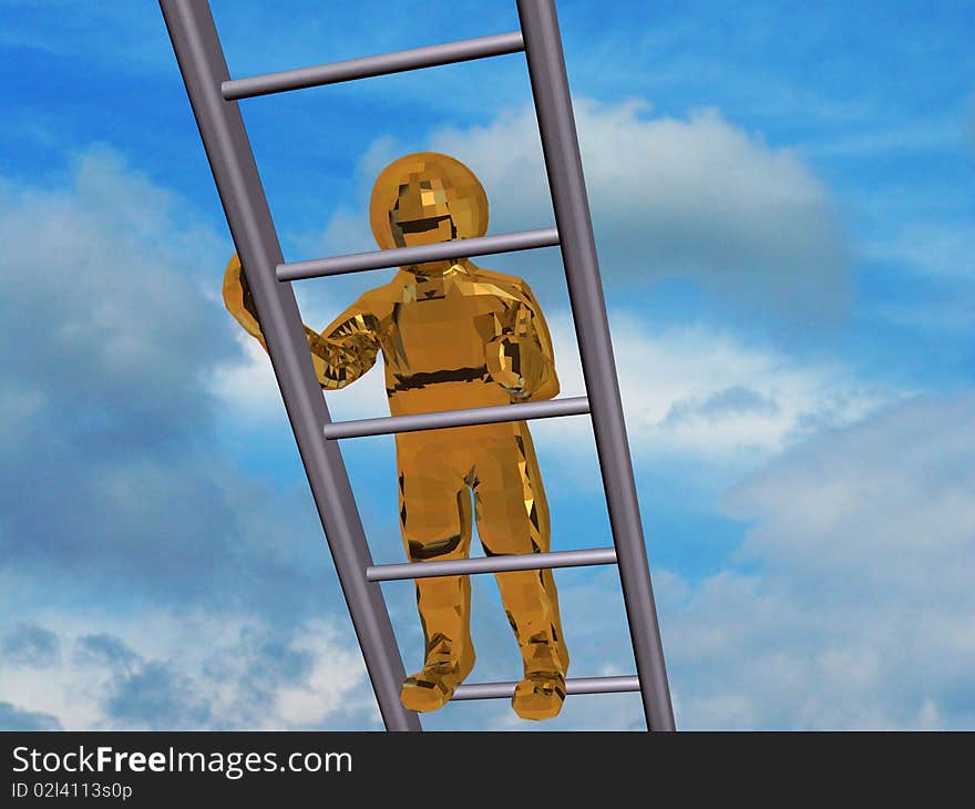 Gold 3d man on the stairs, sky background.