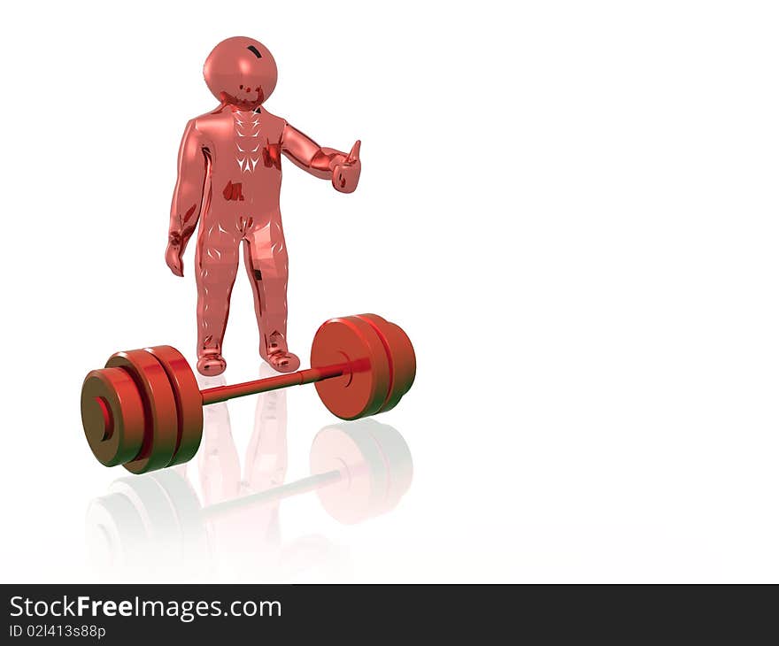 Red man with dumbbell on white reflective background.