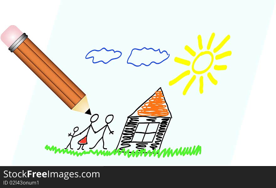 Picture of drawing of family, house, sun and sky. Picture of drawing of family, house, sun and sky