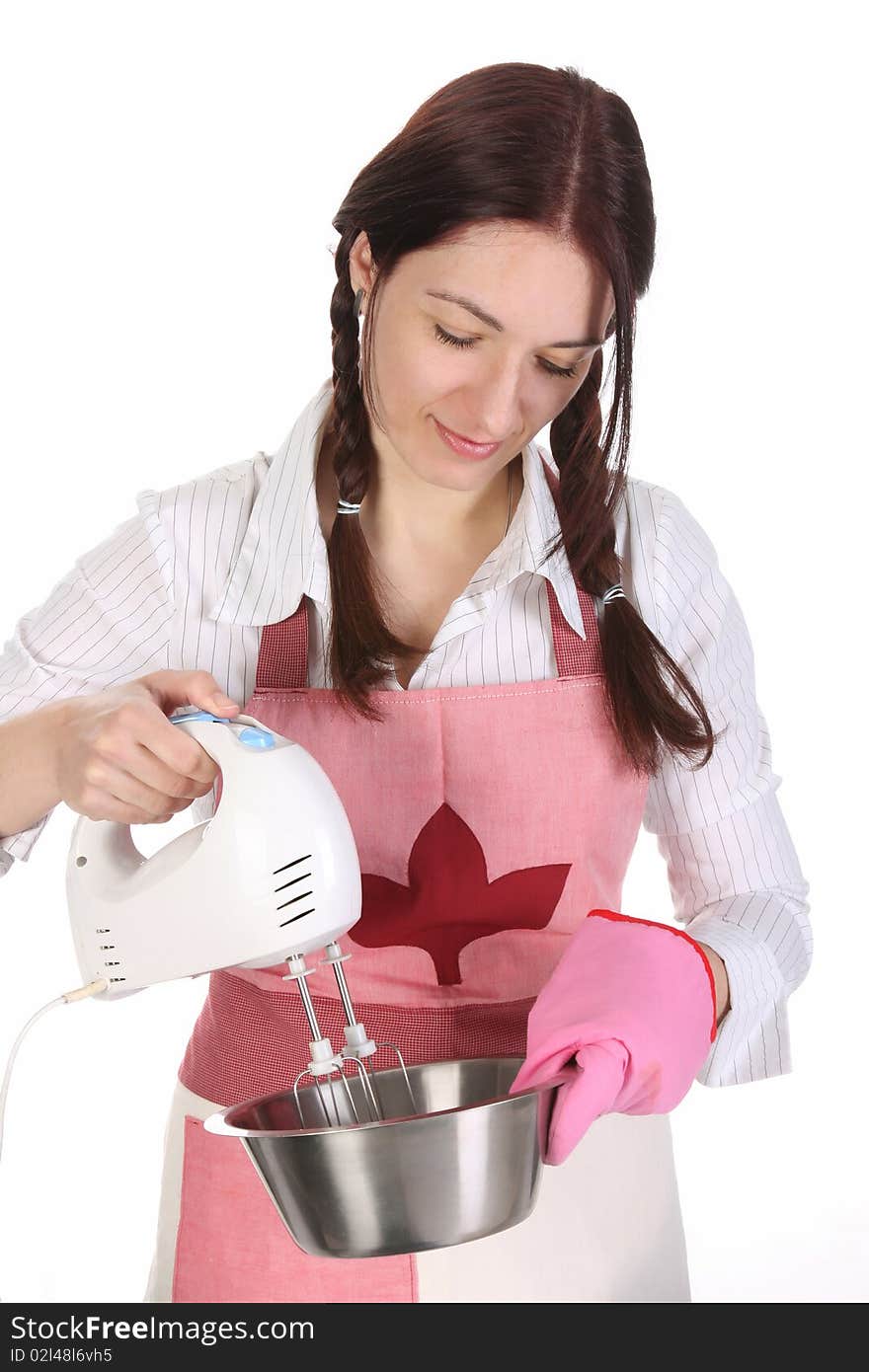 Housewife preparing with kitchen mixer on white background