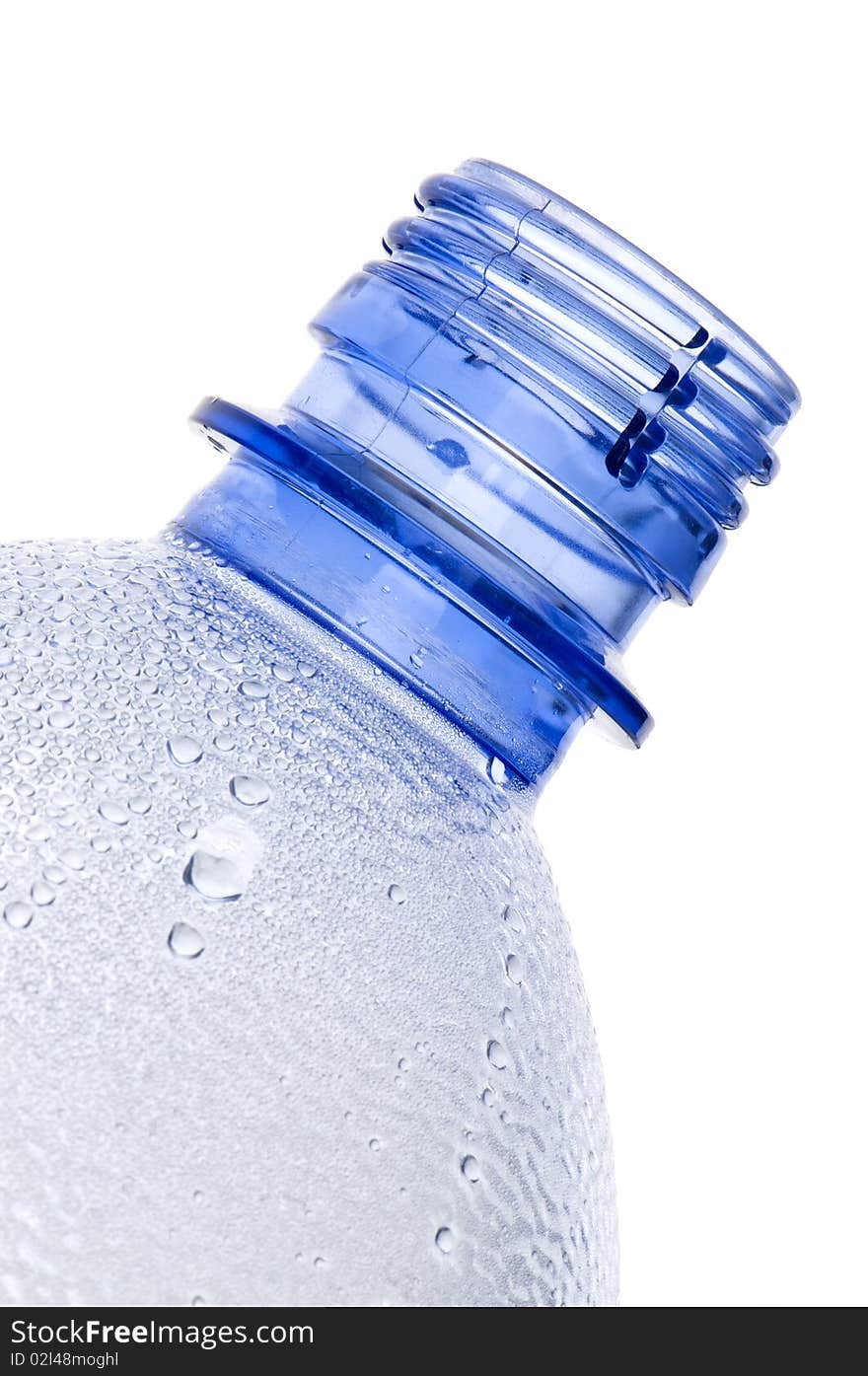 Steamy blue plastic bottle neck isolated on white