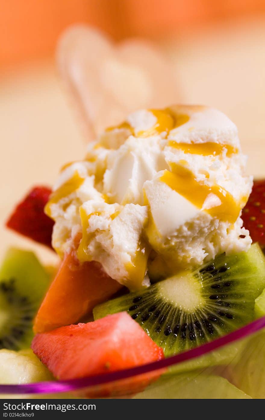 Fruit Salad with Ice Cream,kiwi,strawberry,papaya