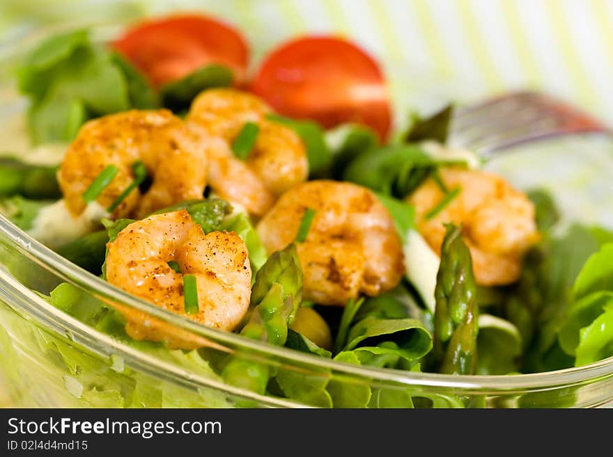 Salad With Prawns,Lettuce,Tomatoes And Olive