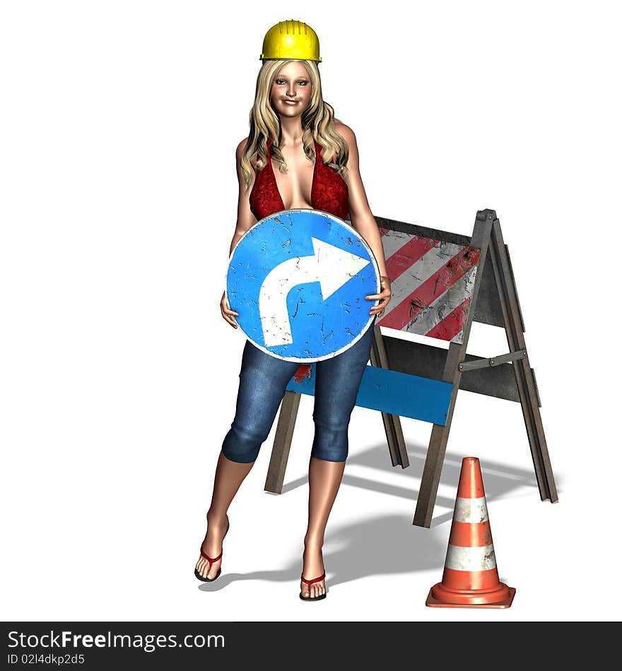 Sexy woman is showing: under construction. 3D