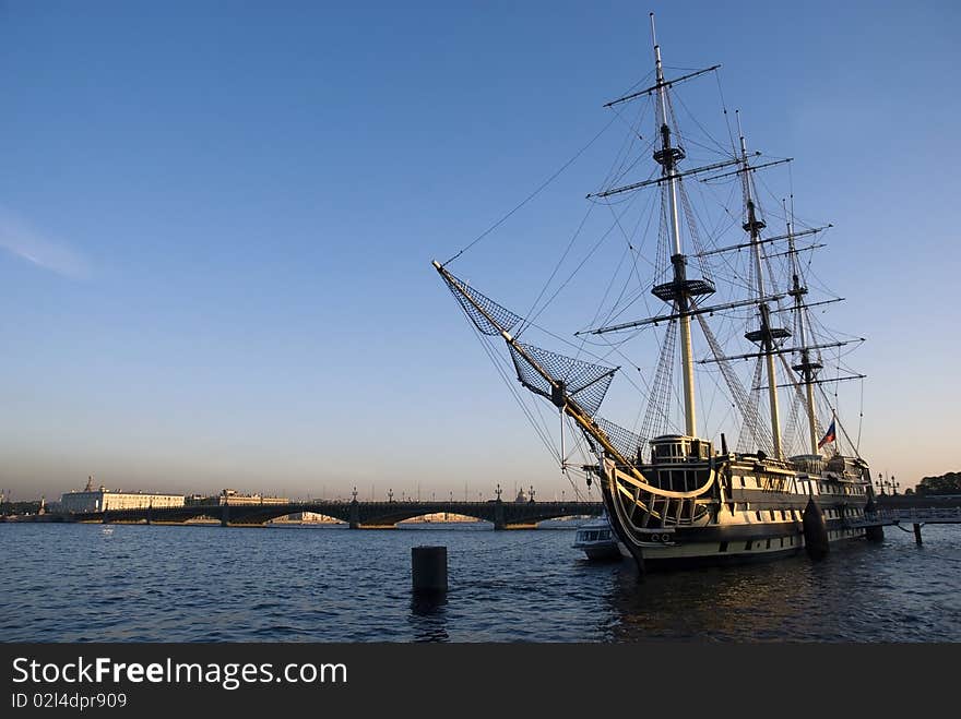 View of Neva river, Palace Bridge and famous brigantine Blagodat. St.Petersburg, Russia. View of Neva river, Palace Bridge and famous brigantine Blagodat. St.Petersburg, Russia.