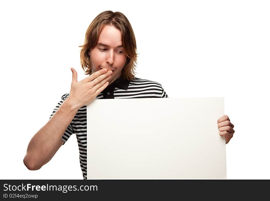 Fun Young Man Holding Blank White Sign