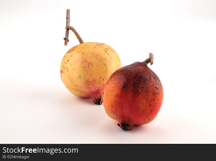 Freckles on pomegranate cheek. On white background.