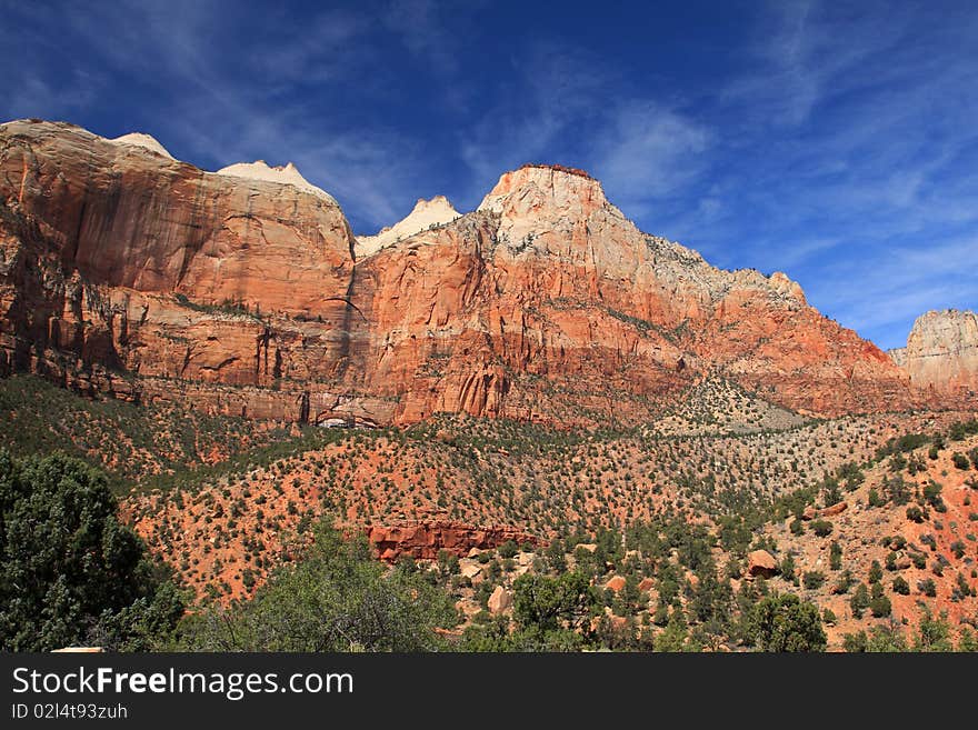 red cliff mountain range in Zion national park.utah.USA.  red cliff mountain range in Zion national park.utah.USA