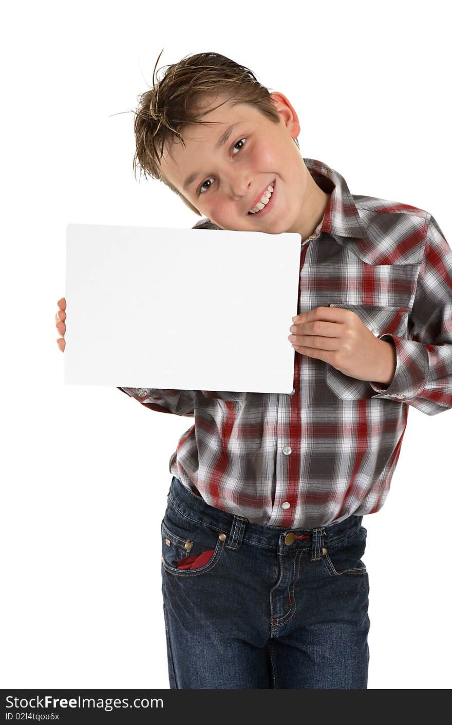 A smiling boy holding your sign, advertisement, award, placard, message or other.  White background. A smiling boy holding your sign, advertisement, award, placard, message or other.  White background.