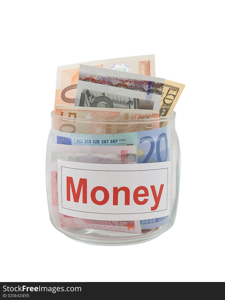 Conceptual photo of a money. Euro and dollar banknotes in a glass jar isolated over white.