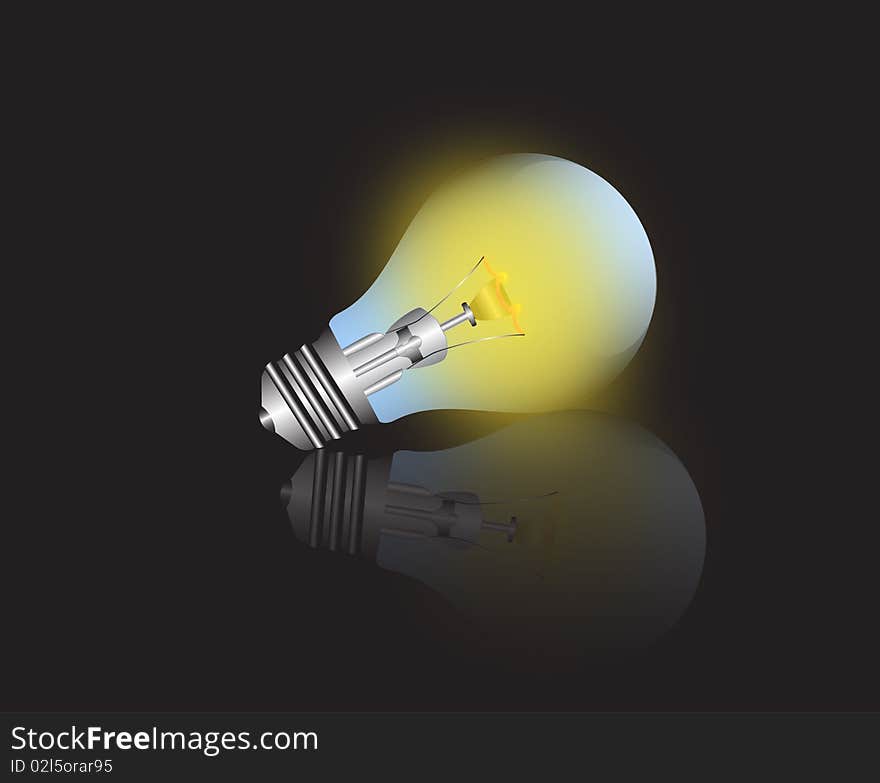 Illustration of shining light bulb over dark background wit reflection. Illustration of shining light bulb over dark background wit reflection
