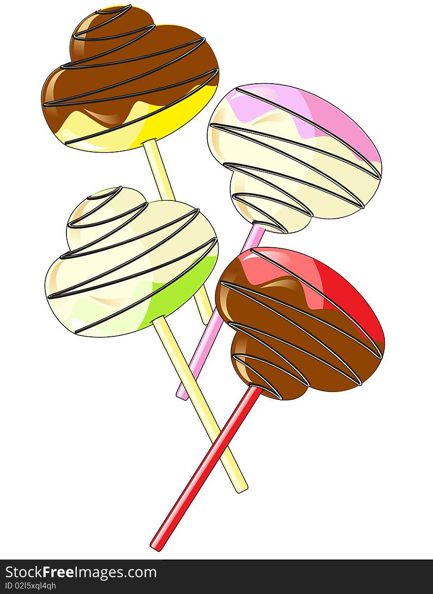 Candy on a stick with chocolate and vanilla glazing on a white background