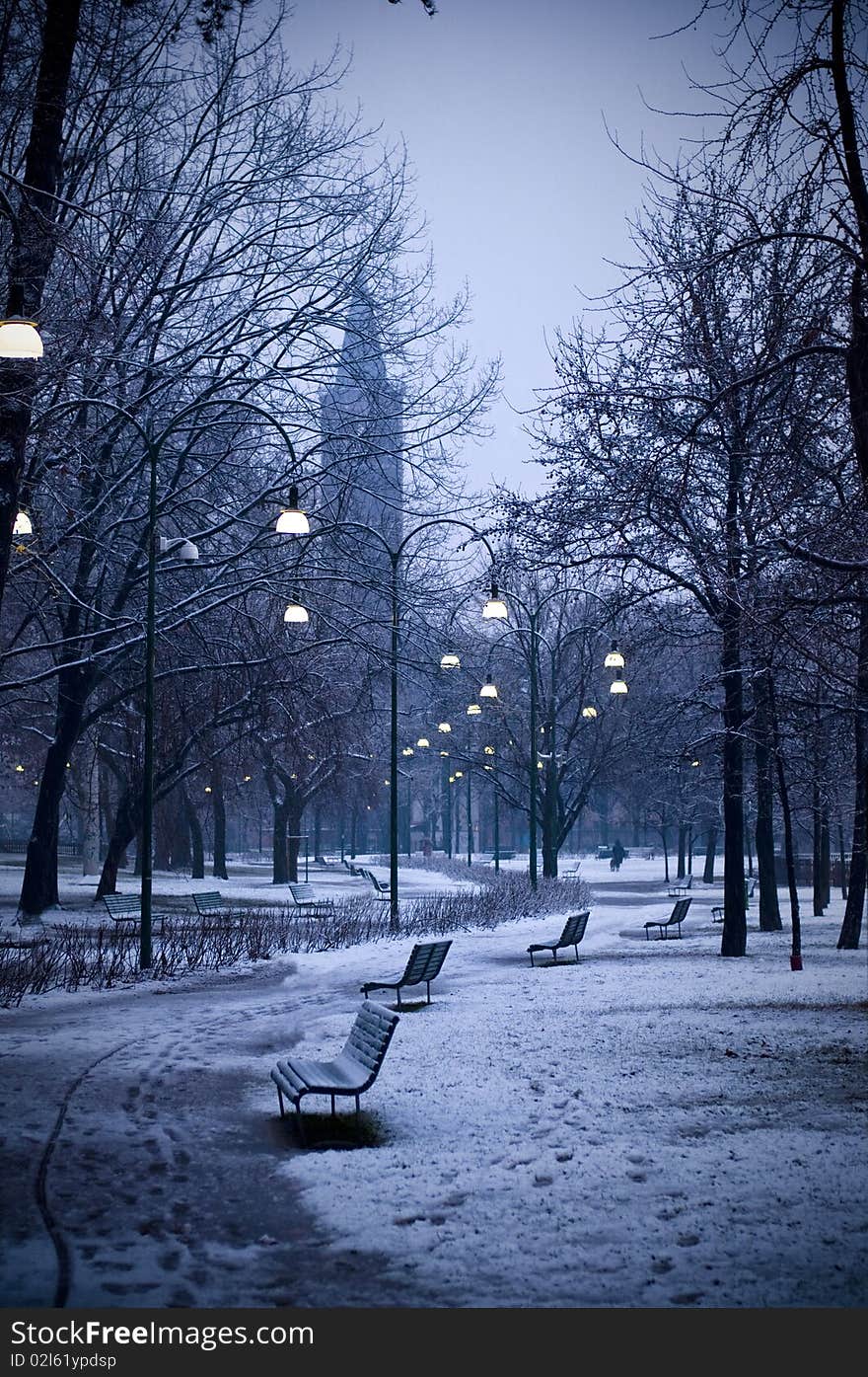 City park during winter under a soft mantle of snow. City park during winter under a soft mantle of snow