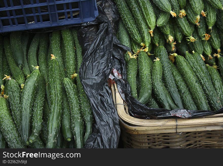 Many green chinese vegetables at the market