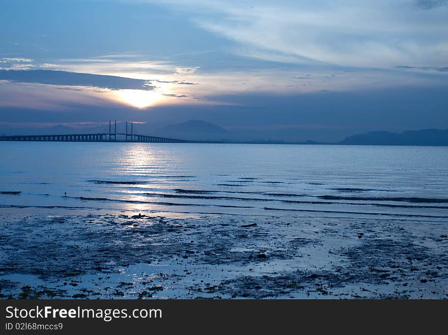 The sun rising on Malaysia Penang Bridge. The sun rising on Malaysia Penang Bridge