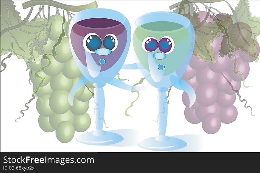 Cartoon; vine glasses and grapesat at the white. Cartoon; vine glasses and grapesat at the white