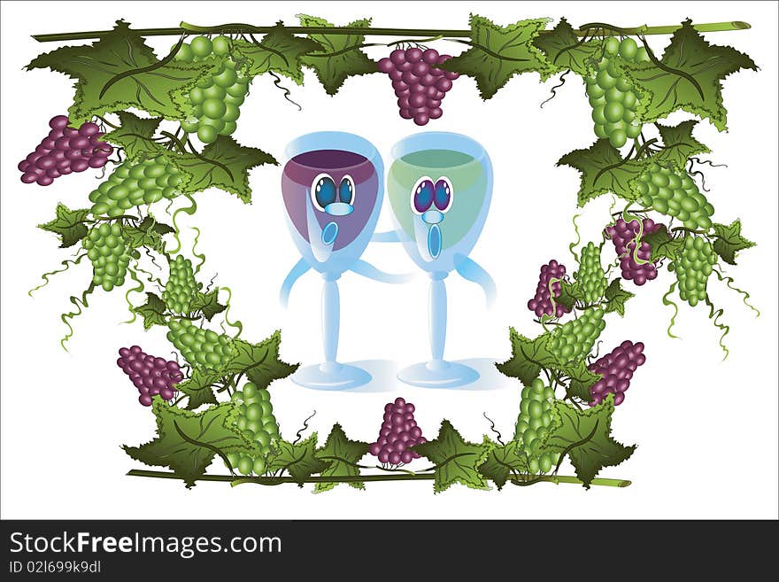 Cartoon :singing wine glasses and grapes frame . Cartoon :singing wine glasses and grapes frame .