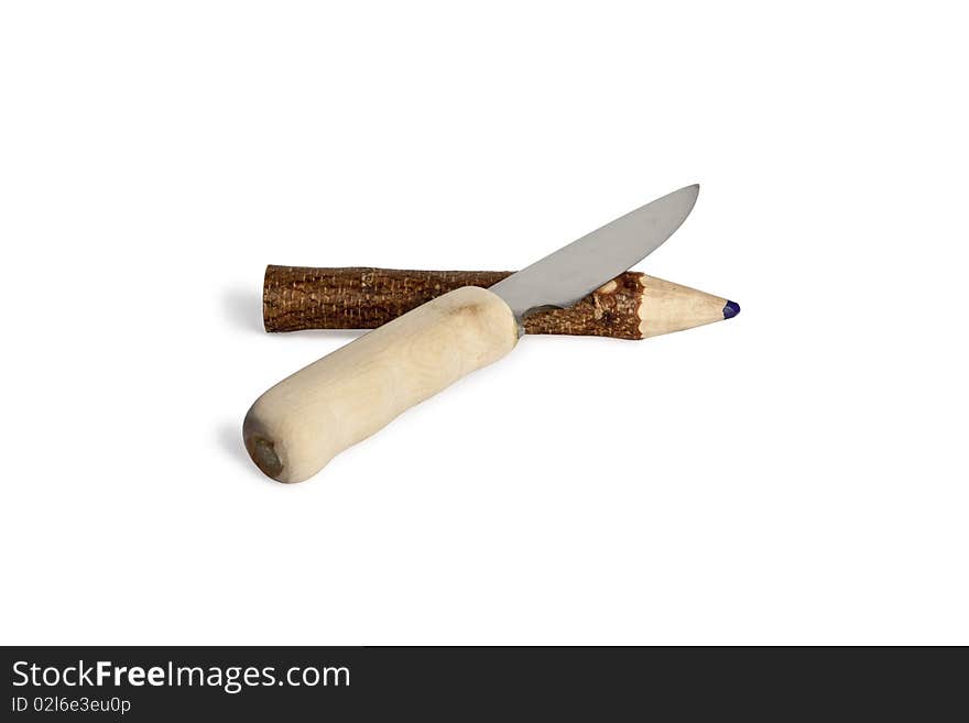 Handmade knife with big, rough pencil, isolated. Contain path. Handmade knife with big, rough pencil, isolated. Contain path