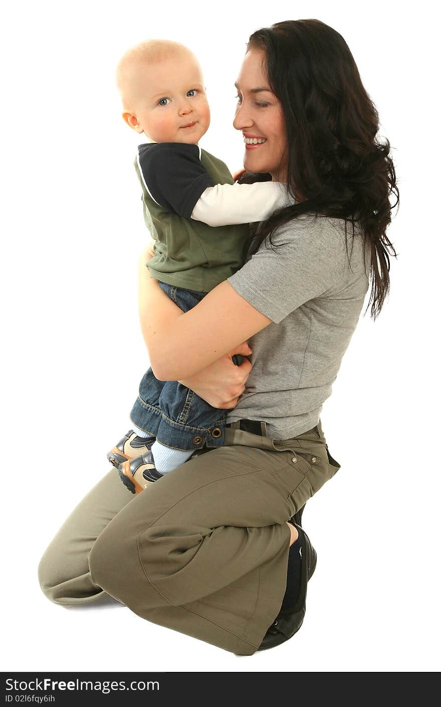 Happy mother with little son on white background