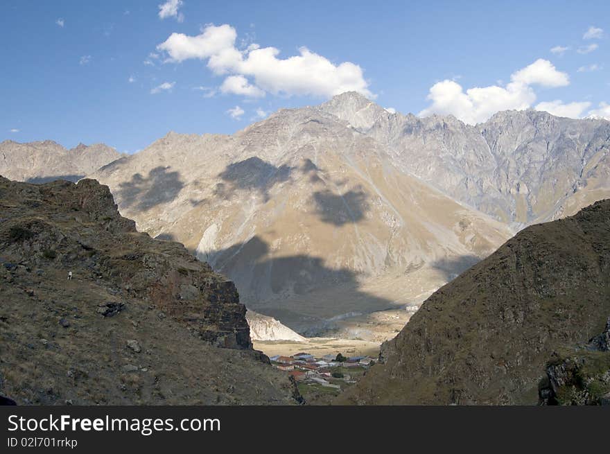 Village Stepantsminda in Caucasian mountains, on a way to Kazdeg mount, Georgia. Village Stepantsminda in Caucasian mountains, on a way to Kazdeg mount, Georgia