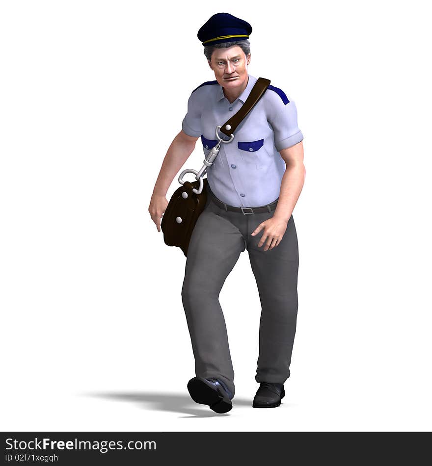 Funnny postman with hat and letter bag. 3D rendering with clipping path and shadow over white