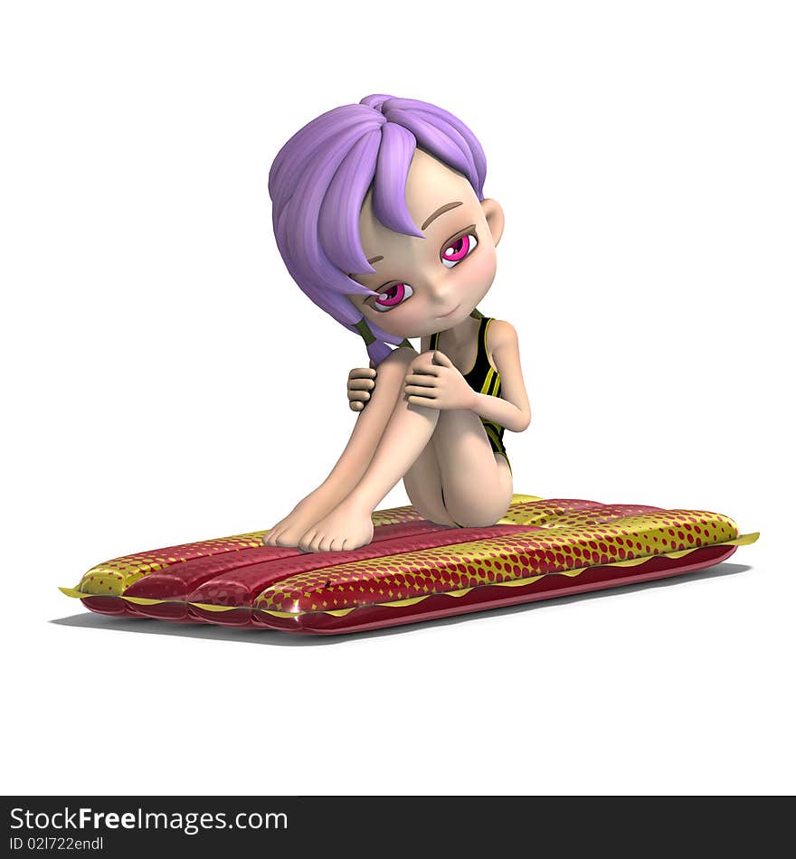 Cute cartoon girl sitting on an inflatable bed. 3D rendering with clipping path and shadow over white