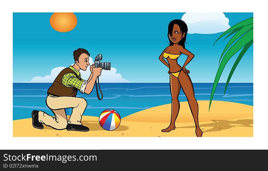 Cartoon vector illustration of photographer beach model