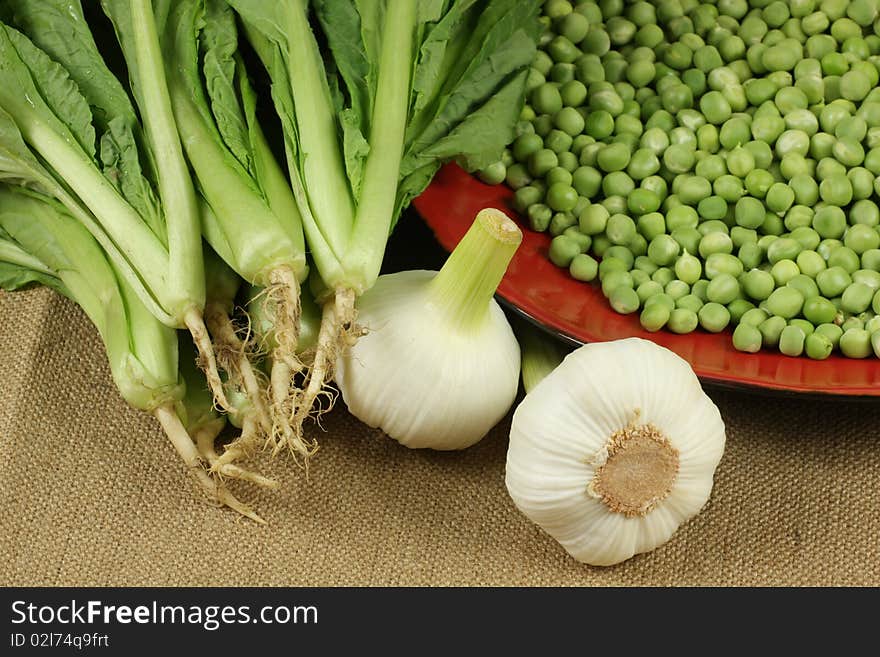 Garlic ，pea and small Chinese cabbage closeup